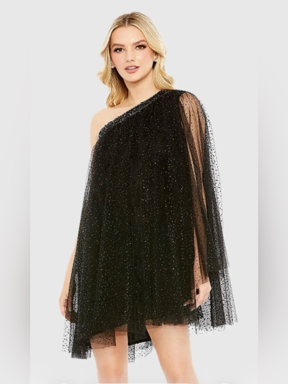 Mac Duggal Black One Shoulder Embellished Tulle Mini Dress Sz 2 NWT $398 Cape